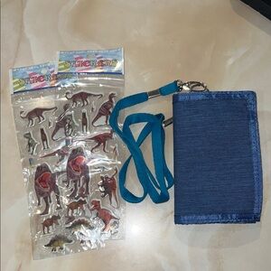 NWOT 4pc Velcro Blue wallet & 3D dinosour stickers with lanyard